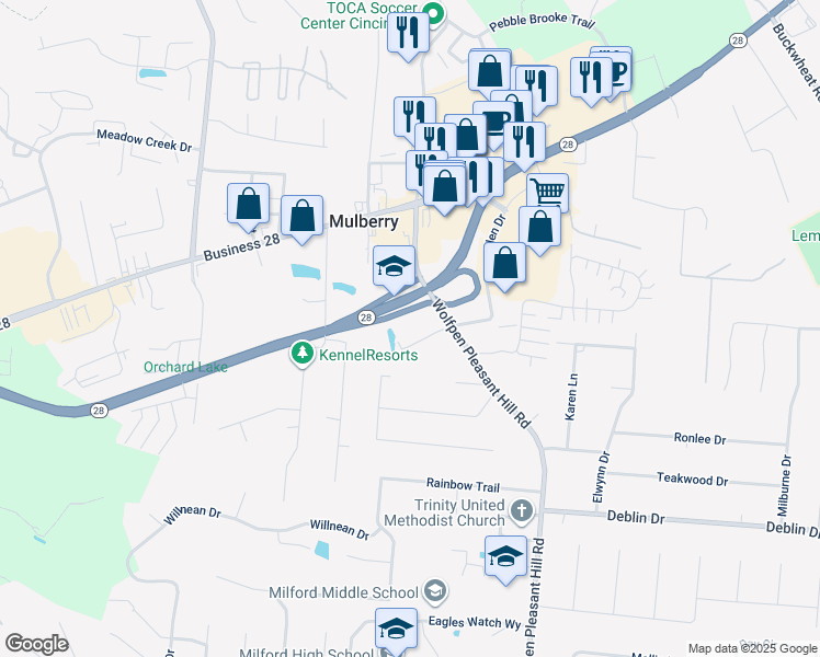 map of restaurants, bars, coffee shops, grocery stores, and more near 5877 Wolfpen Pleasant Hill Road in Milford