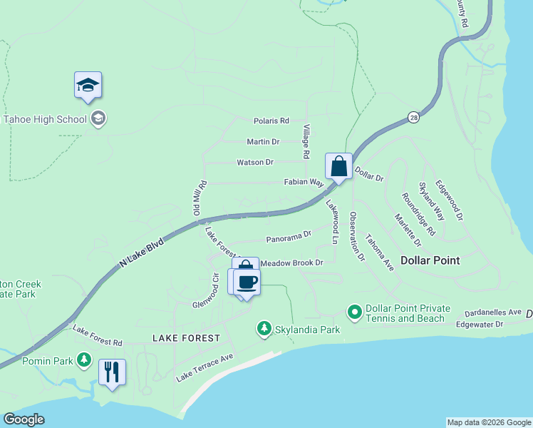 map of restaurants, bars, coffee shops, grocery stores, and more near N Lake Blvd & Dollar Hill Dr in Dollar Point