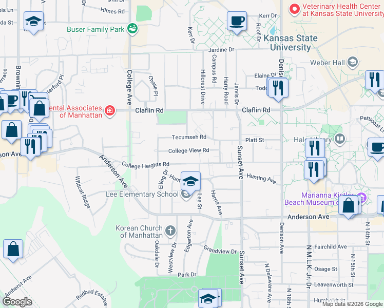 map of restaurants, bars, coffee shops, grocery stores, and more near 2030 College View Road in Manhattan