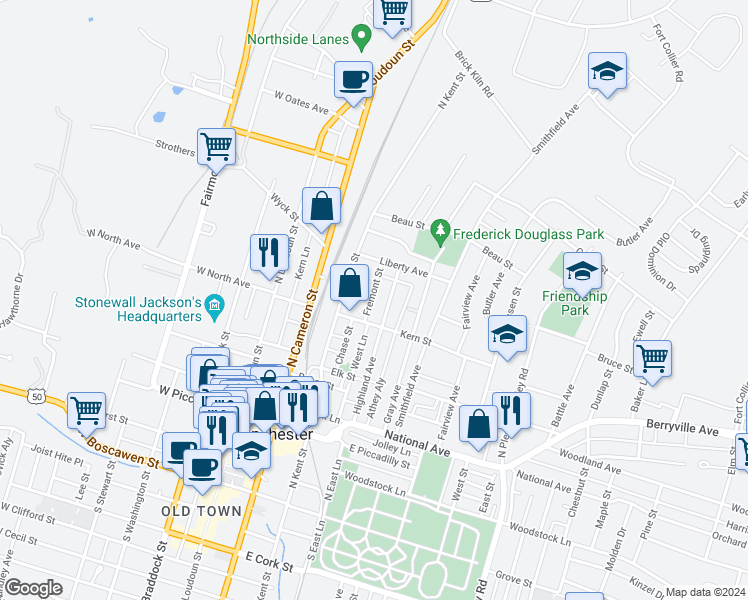 map of restaurants, bars, coffee shops, grocery stores, and more near 528 Fremont Street in Winchester