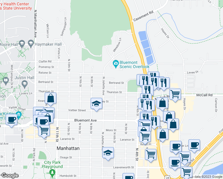 map of restaurants, bars, coffee shops, grocery stores, and more near 601 Bertrand Street in Manhattan