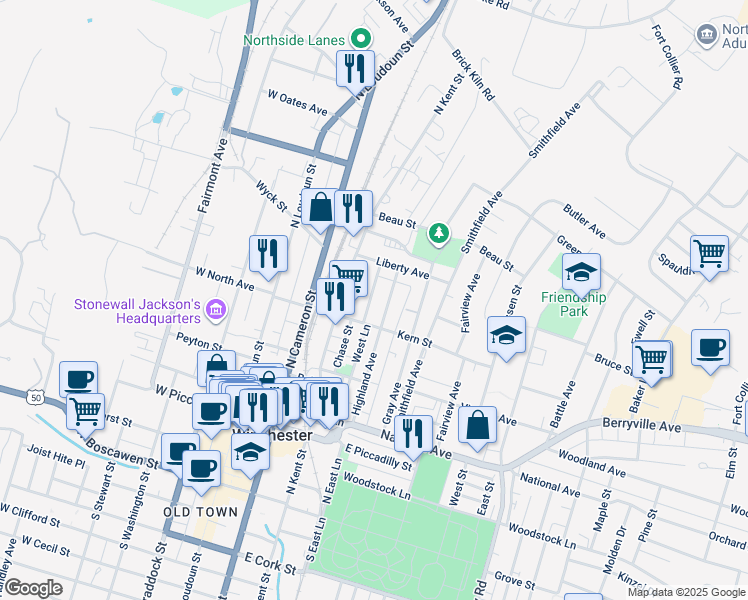 map of restaurants, bars, coffee shops, grocery stores, and more near 528 Fremont Street in Winchester
