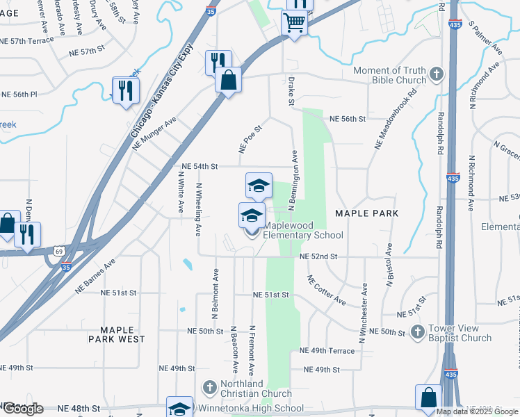 map of restaurants, bars, coffee shops, grocery stores, and more near 5300 North Bennington Avenue in Kansas City