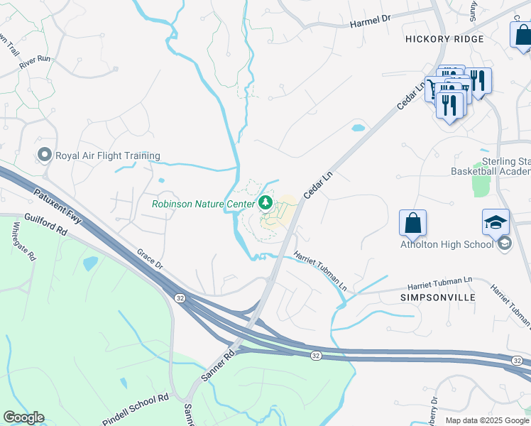 map of restaurants, bars, coffee shops, grocery stores, and more near 6692 Cedar Lane in Columbia