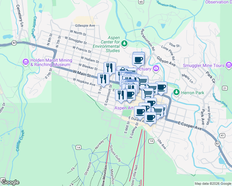 map of restaurants, bars, coffee shops, grocery stores, and more near 121 East Hopkins Avenue in Aspen