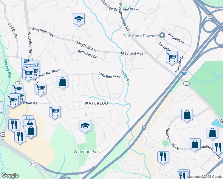 map of restaurants, bars, coffee shops, grocery stores, and more near 6519 Tufts Drive in Elkridge