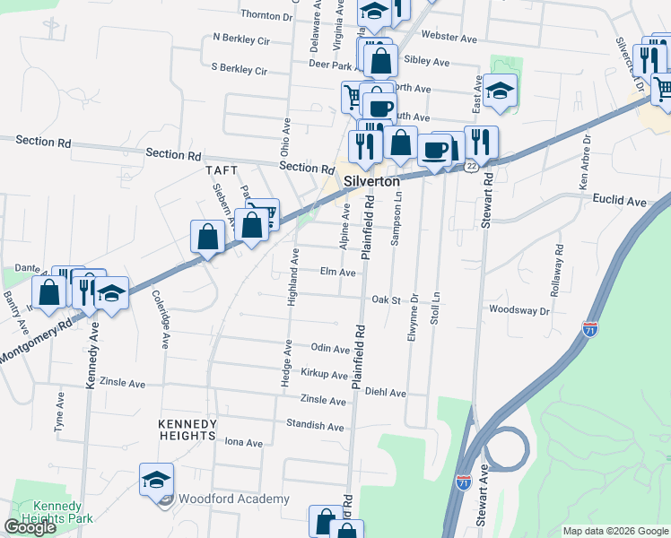 map of restaurants, bars, coffee shops, grocery stores, and more near 6736 Alpine Avenue in Cincinnati