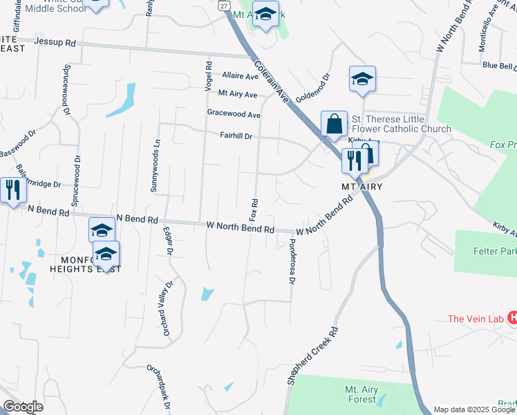 map of restaurants, bars, coffee shops, grocery stores, and more near 5435 Fox Road in Cincinnati