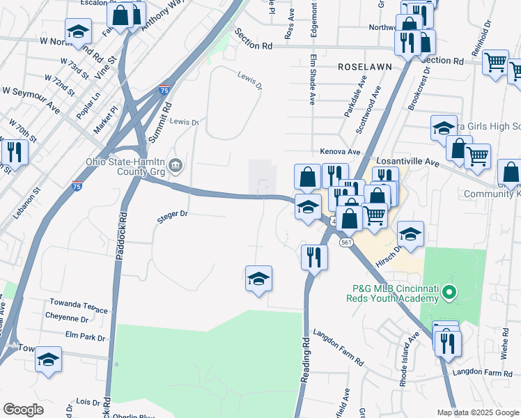map of restaurants, bars, coffee shops, grocery stores, and more near 7085 Glenmeadow Lane in Cincinnati