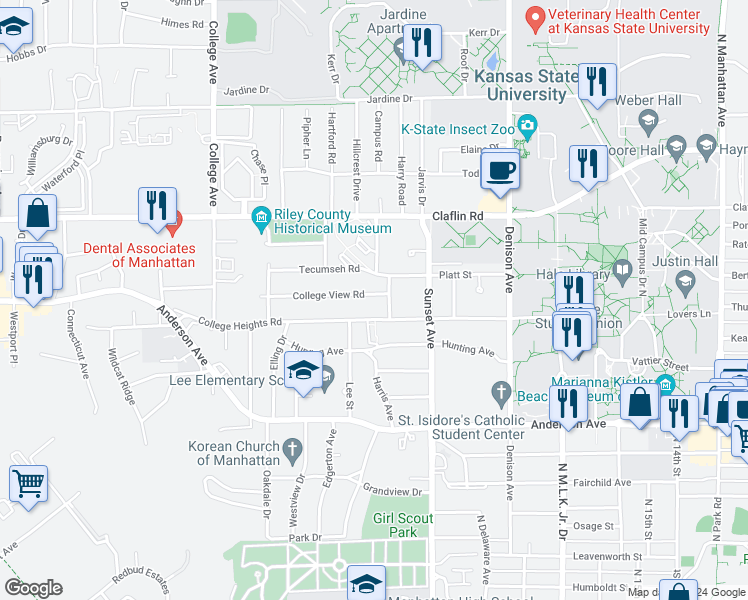 map of restaurants, bars, coffee shops, grocery stores, and more near 2009 College View Road in Manhattan