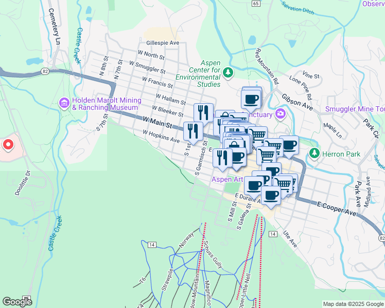 map of restaurants, bars, coffee shops, grocery stores, and more near 127 West Hopkins Avenue in Aspen
