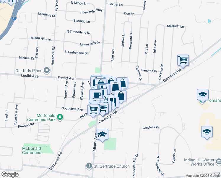 map of restaurants, bars, coffee shops, grocery stores, and more near 10 Bradford Place Drive in Cincinnati