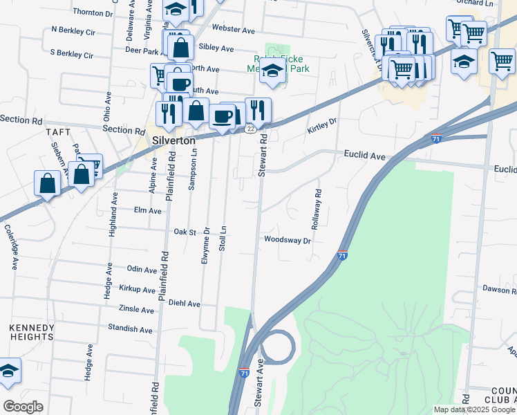 map of restaurants, bars, coffee shops, grocery stores, and more near 6805 Stewart Road in Cincinnati