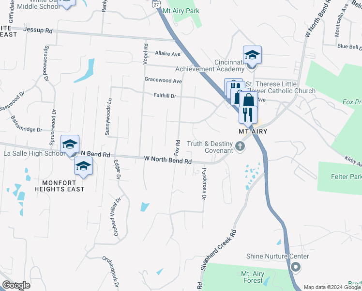 map of restaurants, bars, coffee shops, grocery stores, and more near 5435 Fox Road in Cincinnati