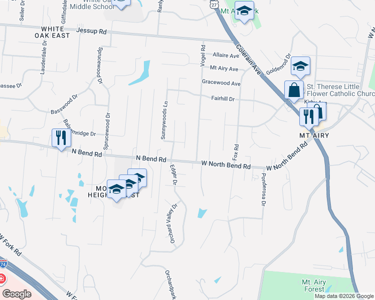map of restaurants, bars, coffee shops, grocery stores, and more near 5537 Fairwood Road in Cincinnati