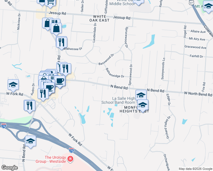 map of restaurants, bars, coffee shops, grocery stores, and more near 3284 West North Bend Road in Cincinnati