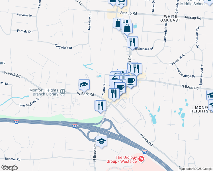 map of restaurants, bars, coffee shops, grocery stores, and more near 3598 Robroy Drive in Cincinnati