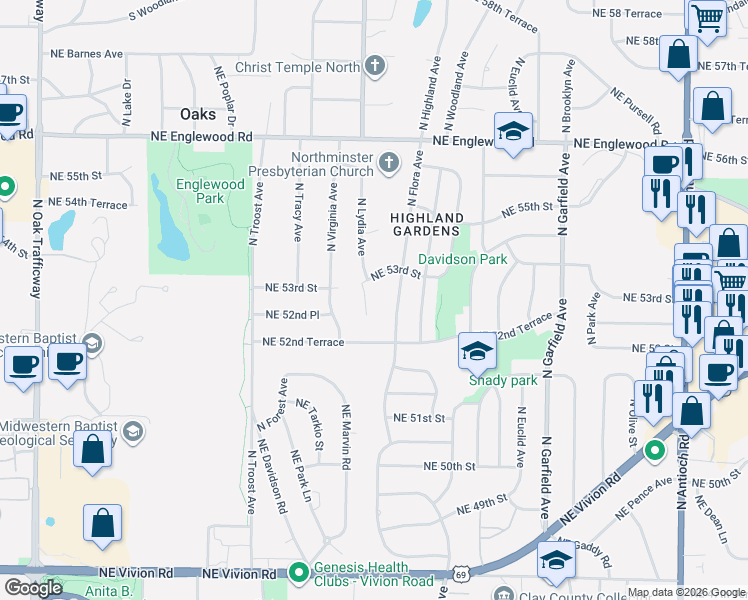 map of restaurants, bars, coffee shops, grocery stores, and more near 5238 North Flora Avenue in Kansas City