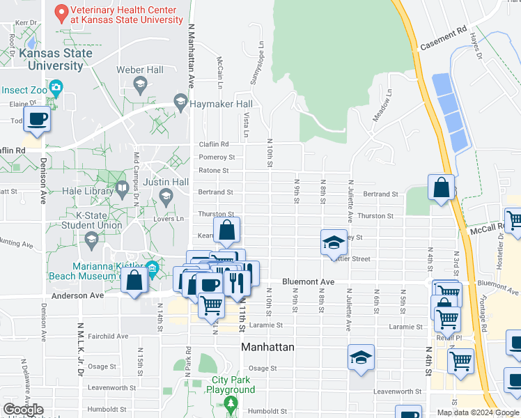 map of restaurants, bars, coffee shops, grocery stores, and more near 1001 Bertrand Street in Manhattan