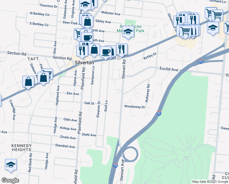 map of restaurants, bars, coffee shops, grocery stores, and more near 6791 Stewart Road in Cincinnati