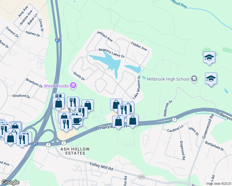 map of restaurants, bars, coffee shops, grocery stores, and more near 111 Pyramid Drive in Winchester