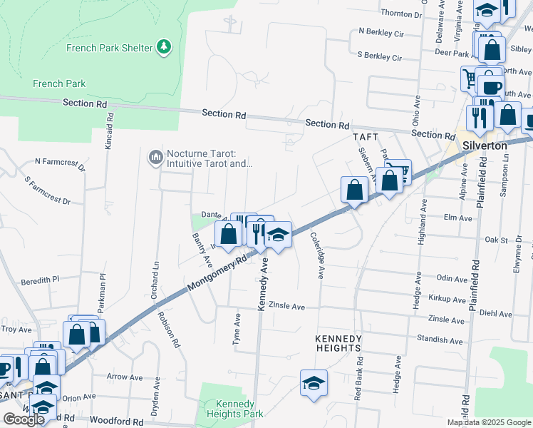 map of restaurants, bars, coffee shops, grocery stores, and more near 6622 Iris Avenue in Cincinnati