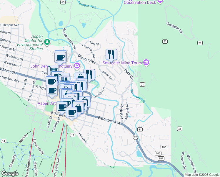 map of restaurants, bars, coffee shops, grocery stores, and more near 931 Gibson Avenue in Aspen
