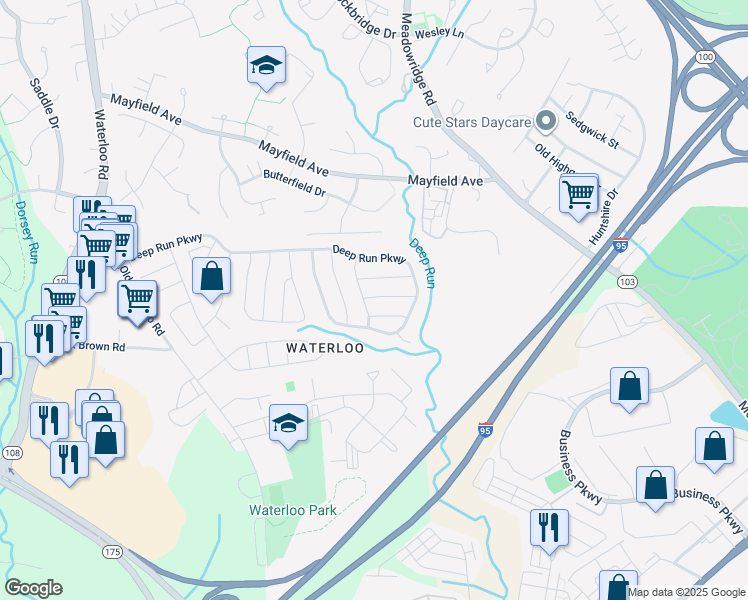 map of restaurants, bars, coffee shops, grocery stores, and more near 6519 Tufts Drive in Elkridge