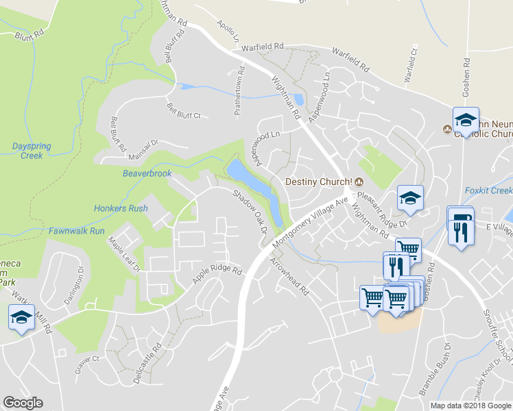 map of restaurants, bars, coffee shops, grocery stores, and more near 9629 Shadow Oak Drive in Gaithersburg
