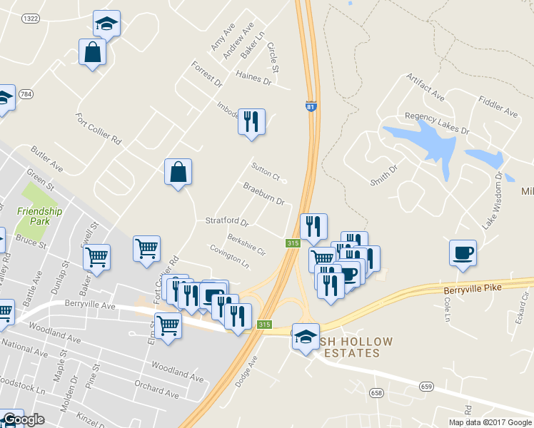 map of restaurants, bars, coffee shops, grocery stores, and more near 214 Stratford Drive in Winchester