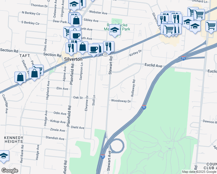 map of restaurants, bars, coffee shops, grocery stores, and more near 6791 Stewart Road in Cincinnati