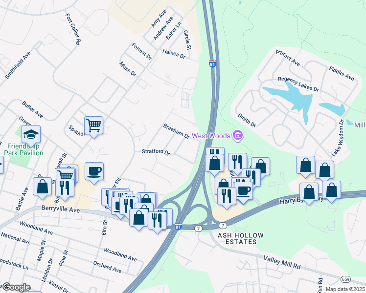 map of restaurants, bars, coffee shops, grocery stores, and more near 214 Stratford Drive in Winchester