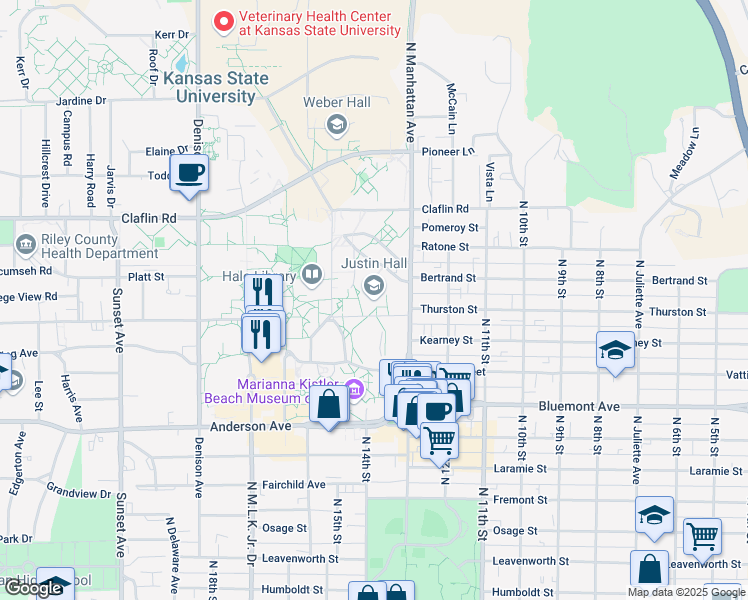 map of restaurants, bars, coffee shops, grocery stores, and more near 1324 Lovers Lane in Manhattan