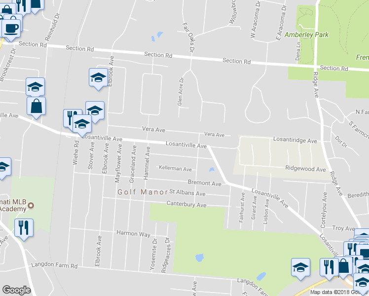 map of restaurants, bars, coffee shops, grocery stores, and more near 2517 Losantiville Avenue in Cincinnati