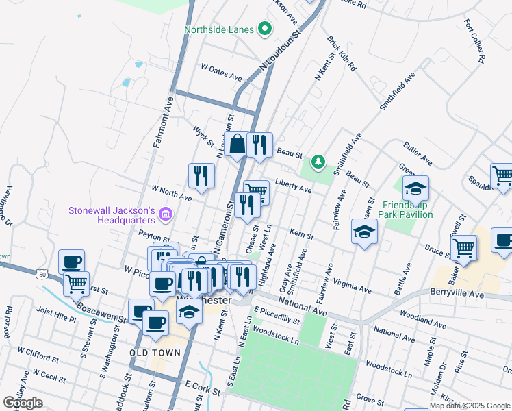 map of restaurants, bars, coffee shops, grocery stores, and more near 518 North Kent Street in Winchester