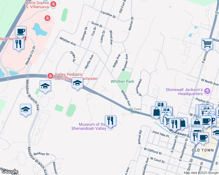 map of restaurants, bars, coffee shops, grocery stores, and more near 128 Medical Circle in Winchester