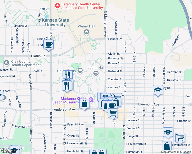 map of restaurants, bars, coffee shops, grocery stores, and more near 1324 Lovers Lane in Manhattan