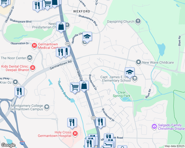 map of restaurants, bars, coffee shops, grocery stores, and more near 22 Applegrath Court in Germantown