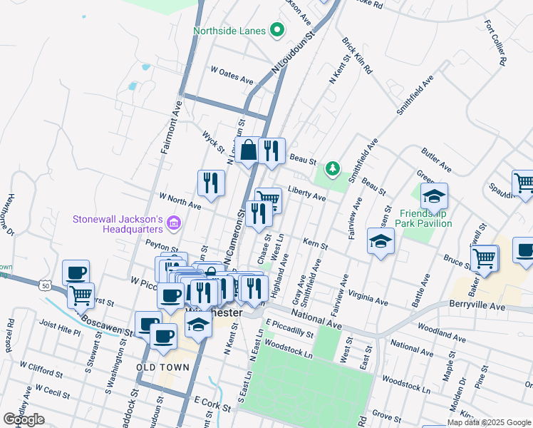 map of restaurants, bars, coffee shops, grocery stores, and more near 518 North Kent Street in Winchester