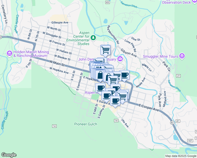 map of restaurants, bars, coffee shops, grocery stores, and more near 325 East Main Street in Aspen