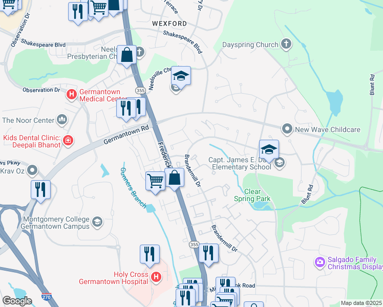 map of restaurants, bars, coffee shops, grocery stores, and more near 22 Applegrath Court in Germantown