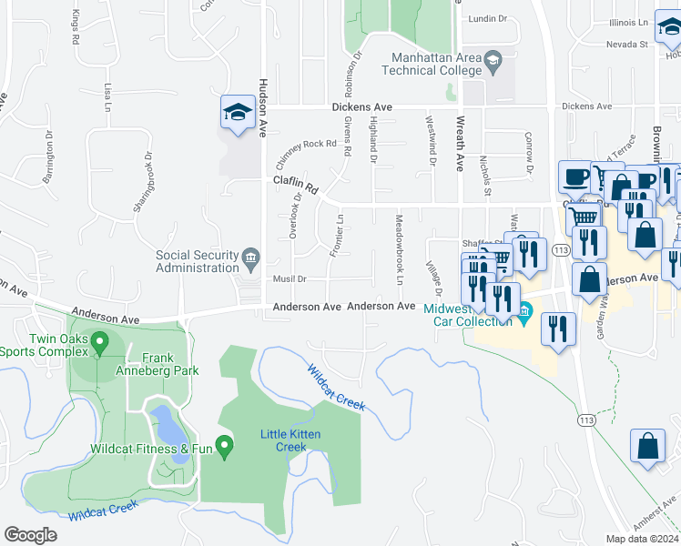 map of restaurants, bars, coffee shops, grocery stores, and more near 3312 Musil Drive in Manhattan