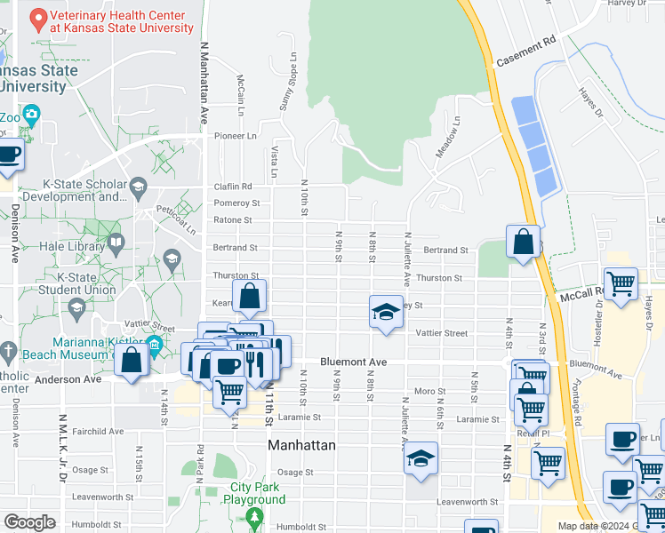 map of restaurants, bars, coffee shops, grocery stores, and more near 1105 North 9th Street in Manhattan