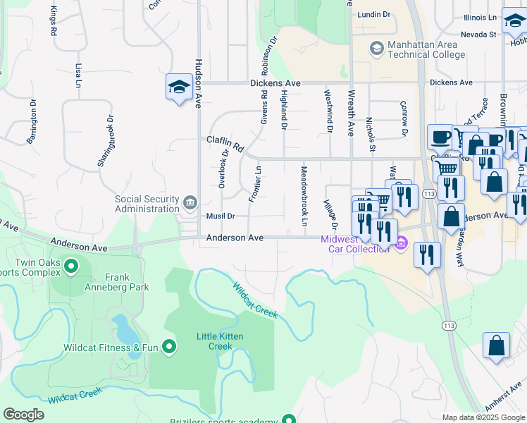 map of restaurants, bars, coffee shops, grocery stores, and more near 3308 Musil Drive in Manhattan