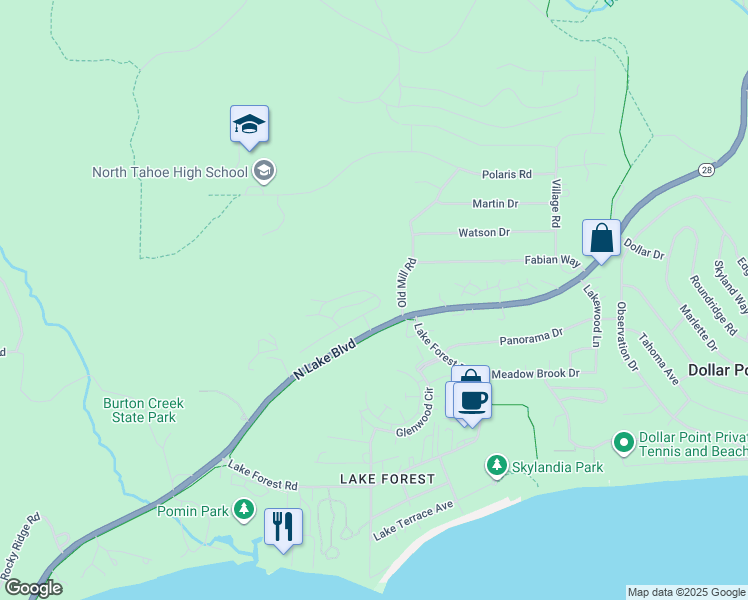 map of restaurants, bars, coffee shops, grocery stores, and more near 2755 North Lake Boulevard in Tahoe City