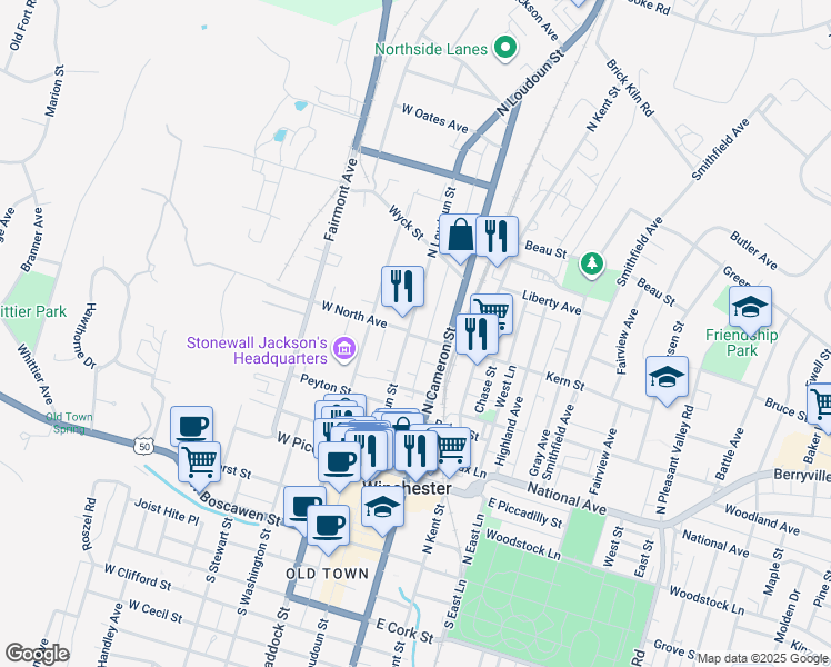 map of restaurants, bars, coffee shops, grocery stores, and more near 501 North Loudoun Street in Winchester