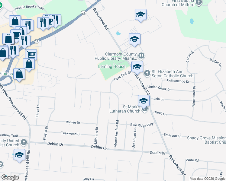 map of restaurants, bars, coffee shops, grocery stores, and more near 1567 Hunt Club Dr in Milford