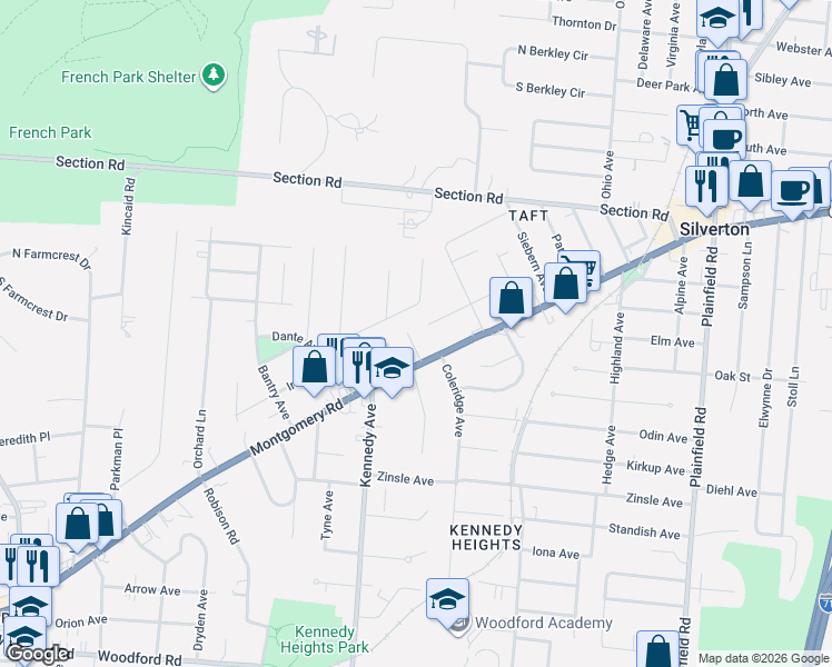 map of restaurants, bars, coffee shops, grocery stores, and more near 6630 Ravenal Court in Cincinnati