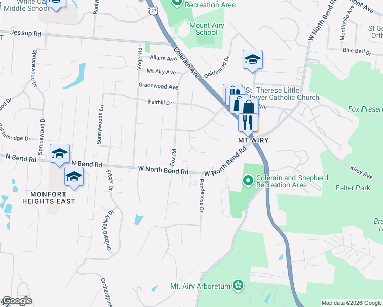 map of restaurants, bars, coffee shops, grocery stores, and more near 2660 Hummingbird Court in Cincinnati