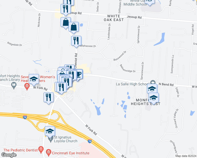 map of restaurants, bars, coffee shops, grocery stores, and more near 3375 North Bend Road in Cincinnati